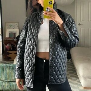 Theory Black Faux Leather Quilted Down Shirt Jacket Snap Front Size Small
